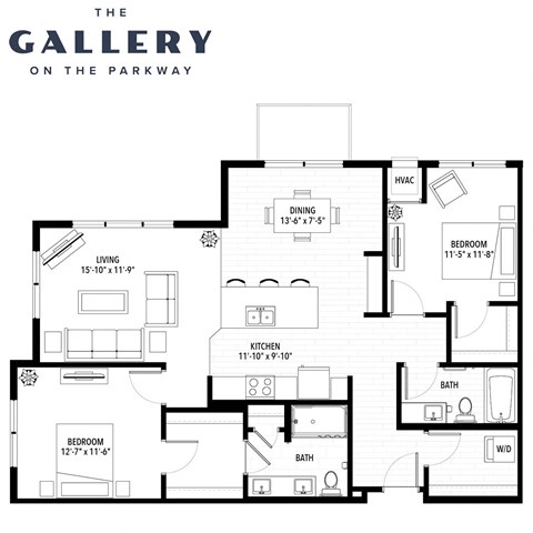 Floor plan for 2 beds, 2 baths, 1243 sqft